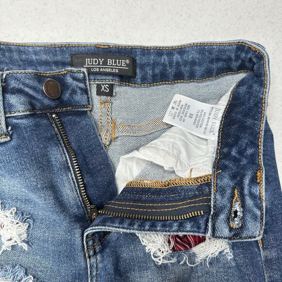Judy Blue Shorts Womens XS Cuffed Blue Jean Denim Distressed Bandana Print *Flaw - Picture 10 of 11
